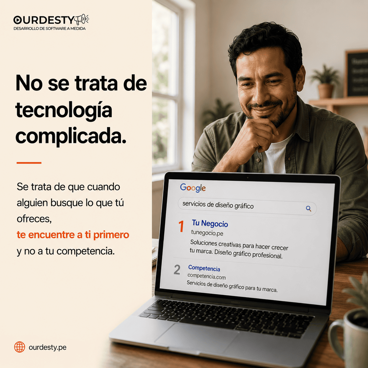 búsqueda en google y posicionamiento seo persona viendo su laptop en donde busca en google un servicio mostrando en los primeros resultados tu negocio
