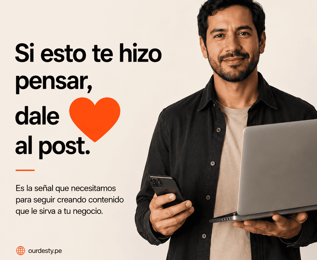 llamado al post chico sosteniendo una laptop y un celular llamando al post